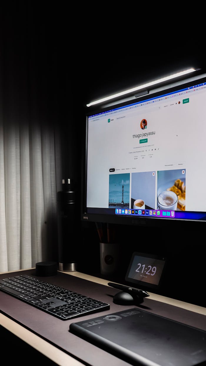 A neat and modern workspace showcasing a monitor, keyboard, and technology accessories.